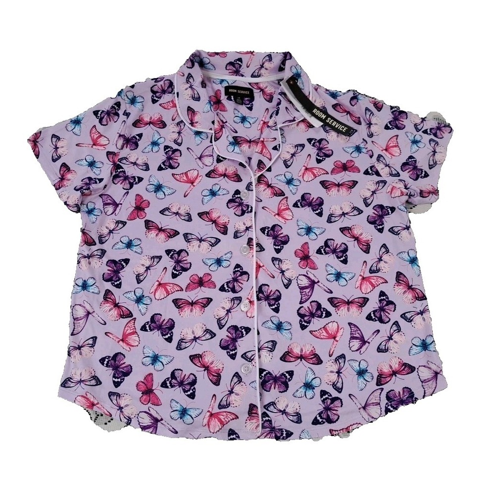 Room Service Sleep Top L Purple Butterfly Print Button Up Soft Pajama Spandex - Picture 3 of 10